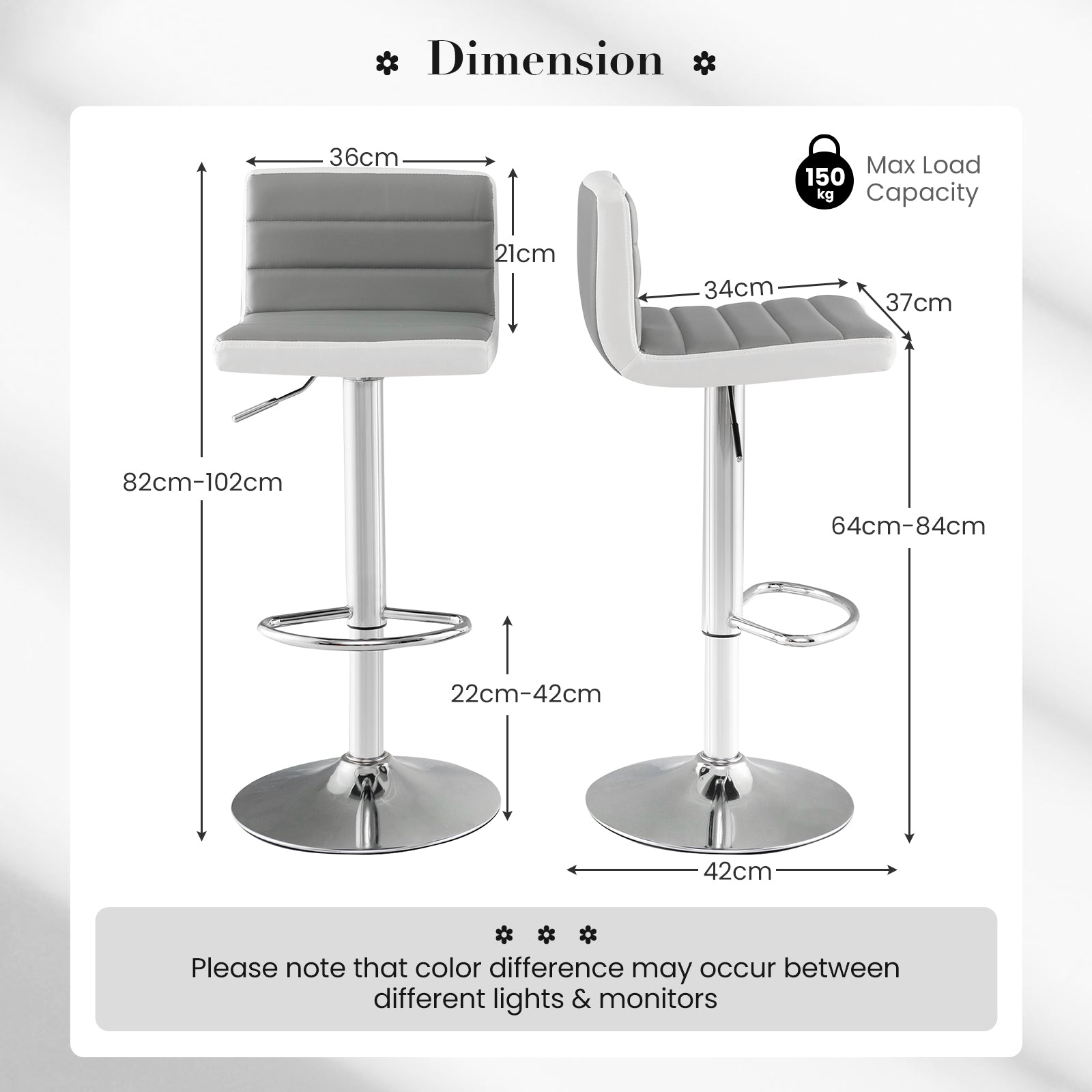 2 PCS Adjustable Swivel Bar Chairs with Anti-Slip Metal Base and Footrest-Grey