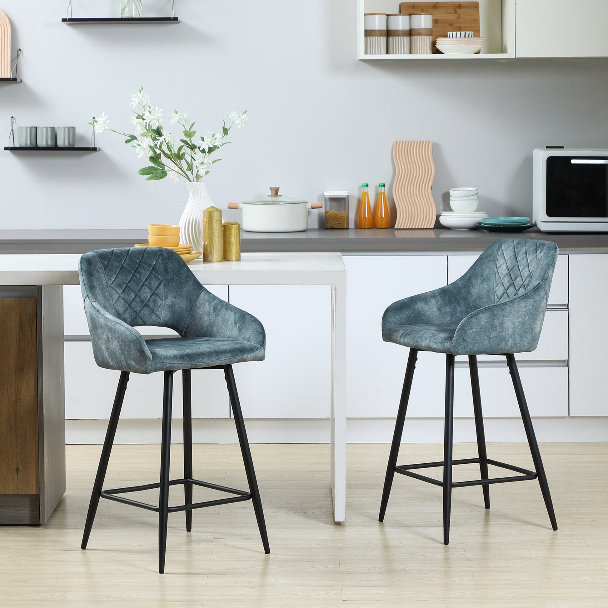 HOMCOM Bar Stools Set of 2, Velvet-Touch Fabric Counter Height Bar Chairs, Kitchen Stools with Steel Legs for Dining Area Blue