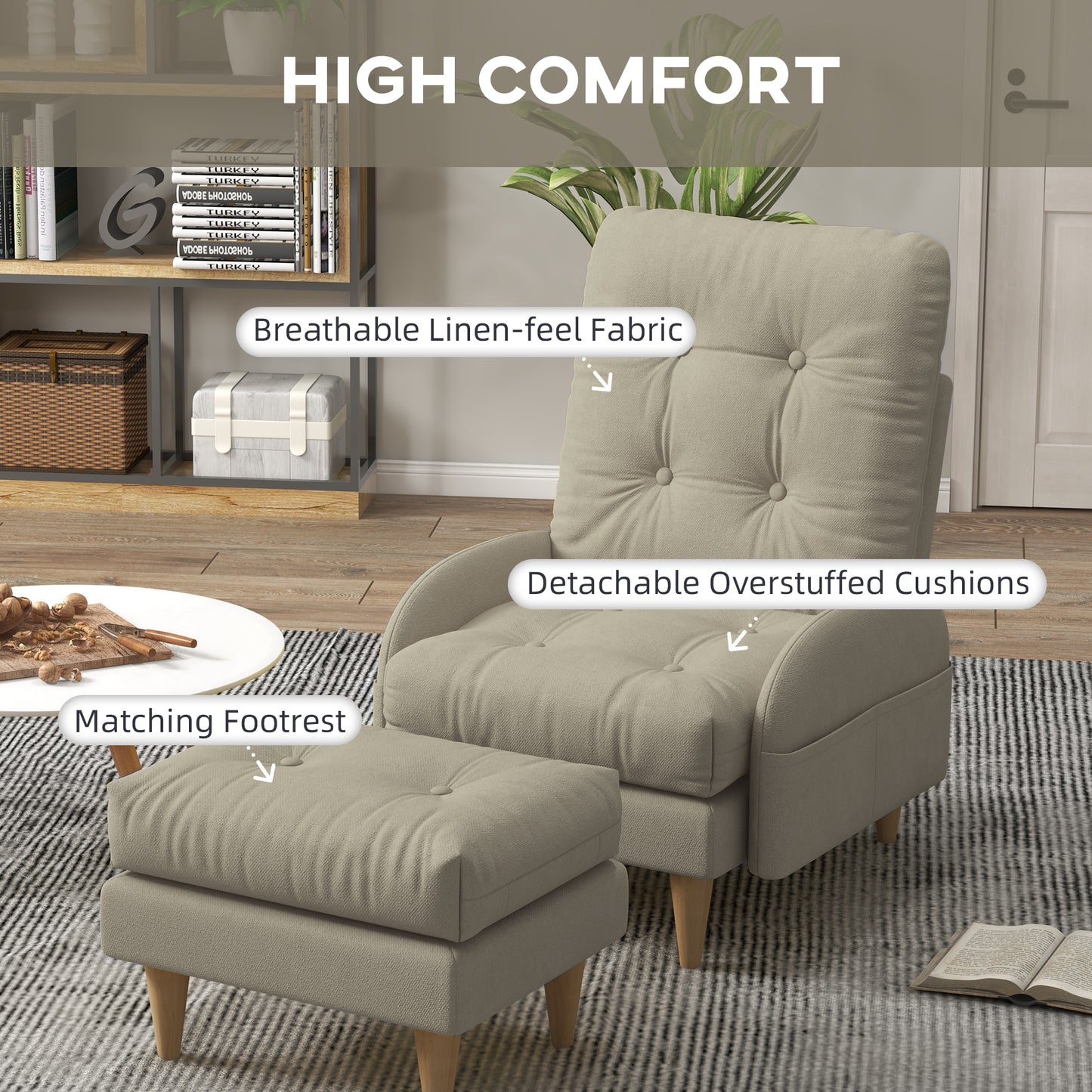 HOMCOM Upholstered Armchair with Footstool Set, Modern Button Tufted Accent Chair w/ Adjustable Backrest, Cushions, Wood Legs and Side Pockets, Beige