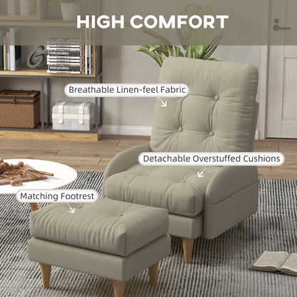 HOMCOM Upholstered Armchair with Footstool Set, Modern Button Tufted Accent Chair w/ Adjustable Backrest, Cushions, Wood Legs and Side Pockets, Beige