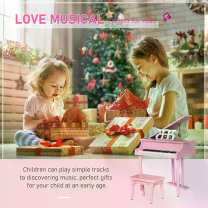 HOMCOM Modern Kids Piano 30 Keys Set of 2 Mini Toy for Child Grand Piano with Music Stand and Bench, Best Gifts Pink