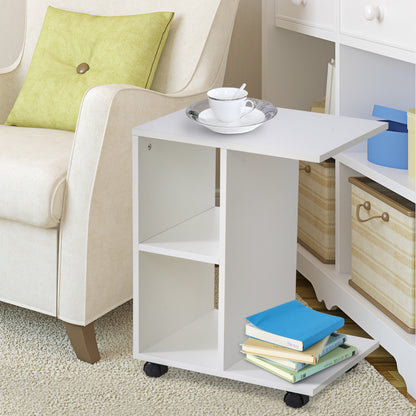 HOMCOM C-Shape End Table Unique Storage Unit w/ 2 Shelves 4 Wheels Freestanding Home Office Furniture Cabinet Square Studio White