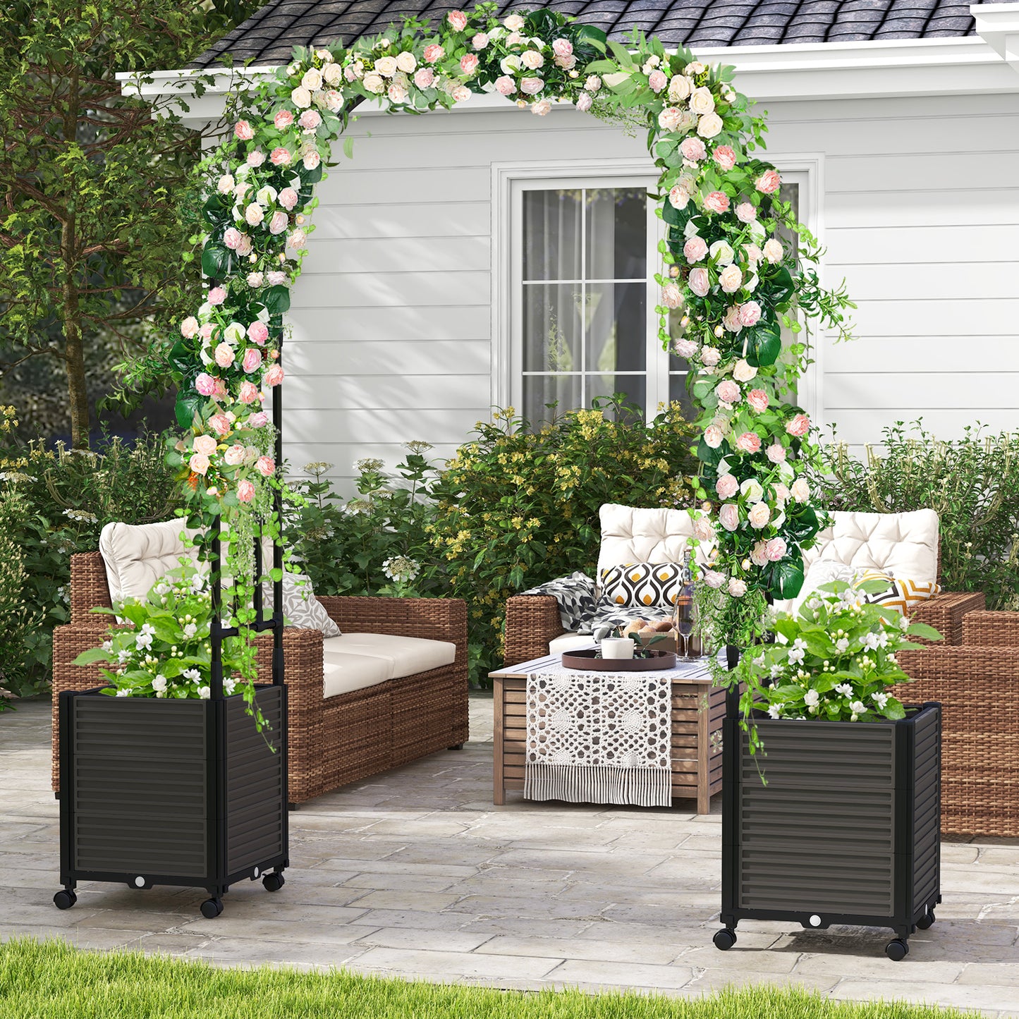 Arch Arbor Trellis with Planter Boxes, Self-Watering System and Wheels-Black