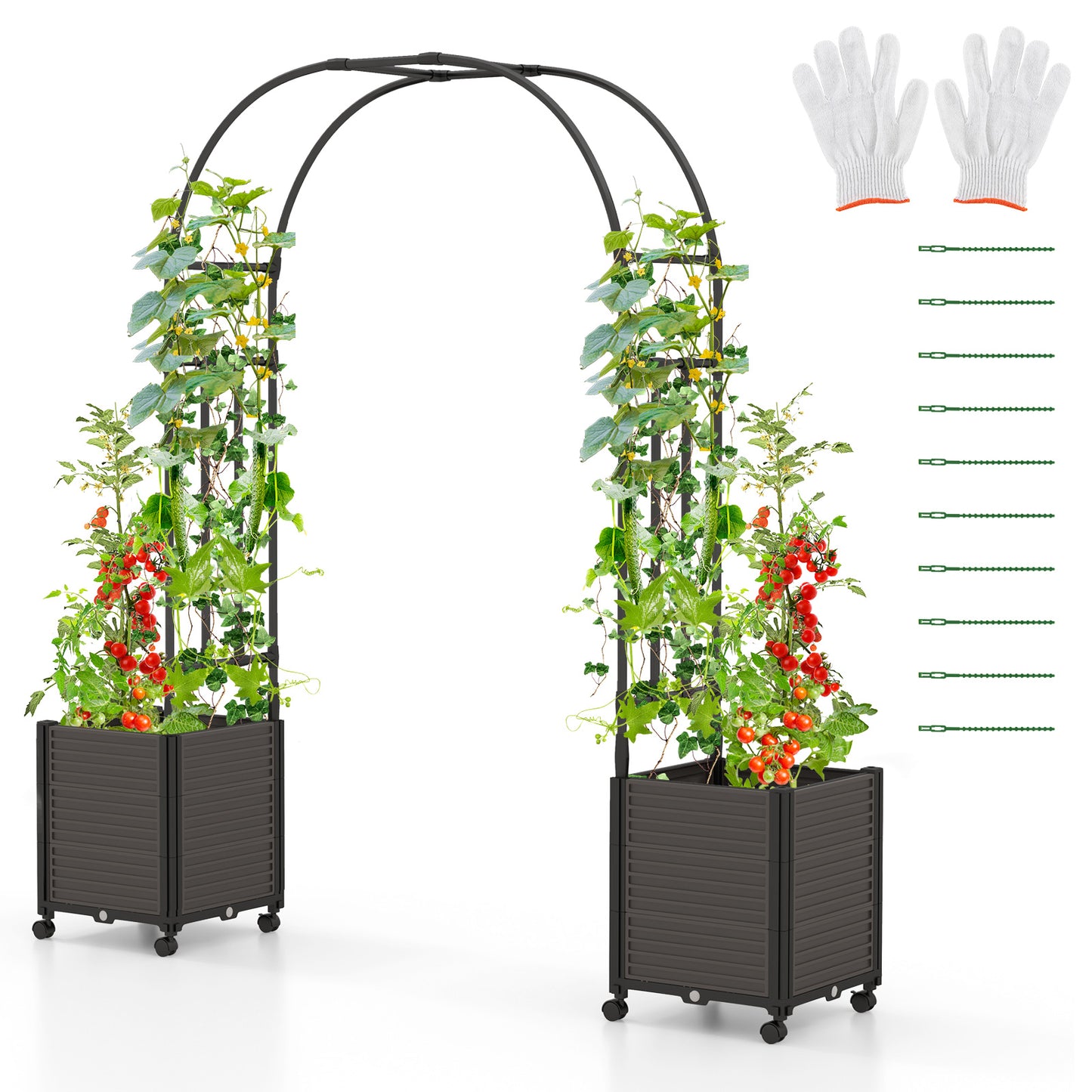 Arch Arbor Trellis with Planter Boxes, Self-Watering System and Wheels-Black