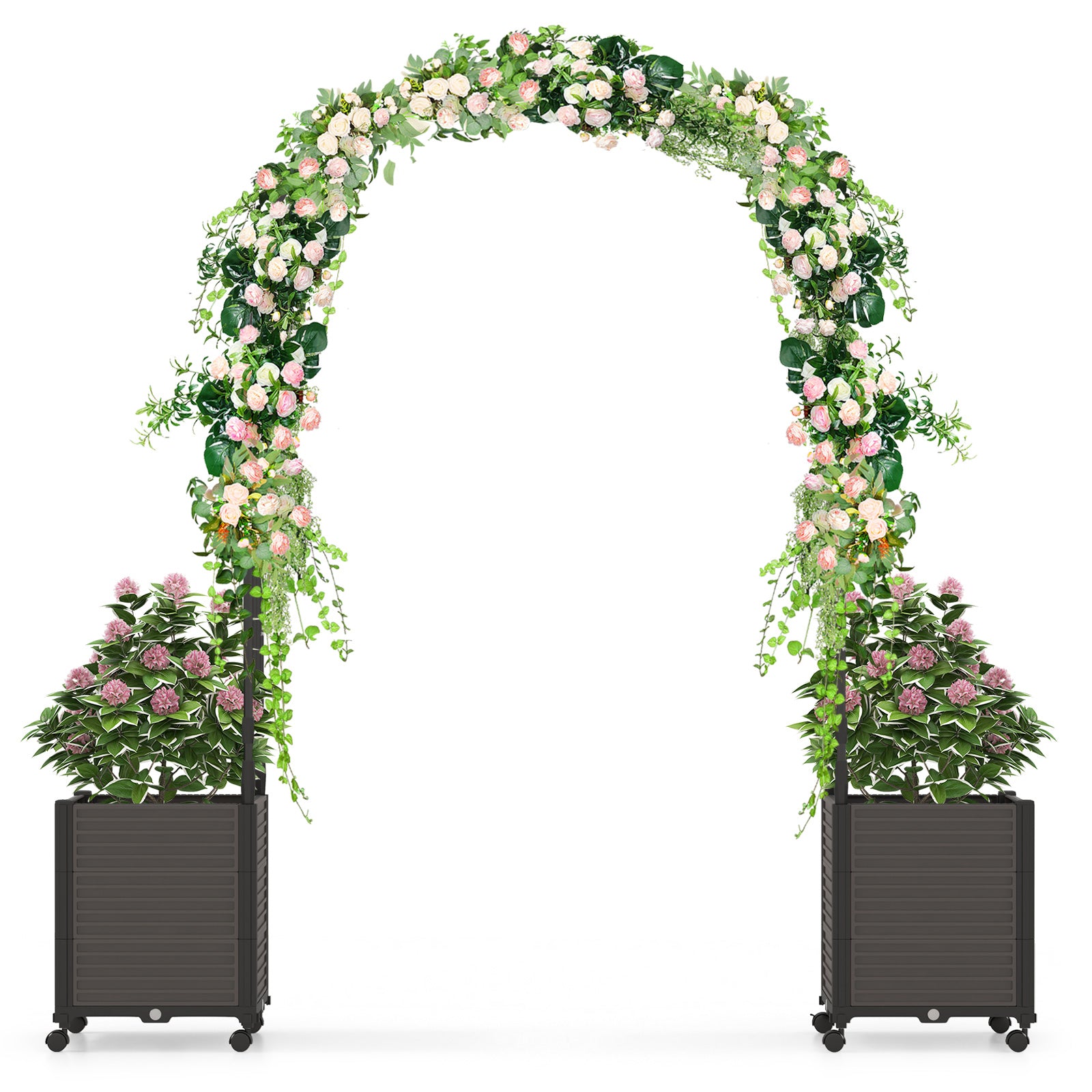 Arch Arbor Trellis with Planter Boxes, Self-Watering System and Wheels-Black