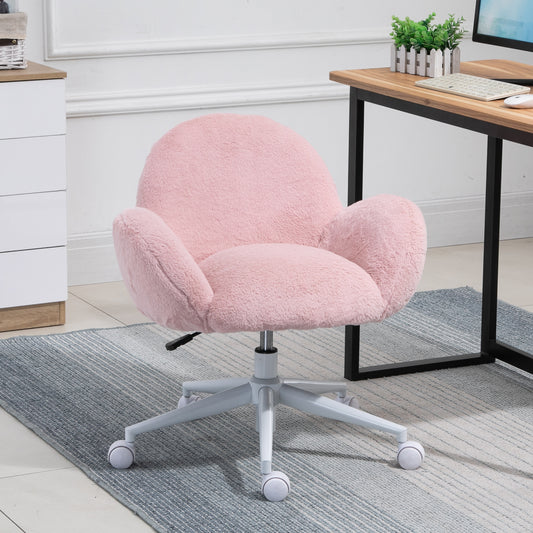 HOMCOM Fluffy Leisure Chair Office Chair with Backrest and Armrest for Home Bedroom Living Room with Wheels Pink