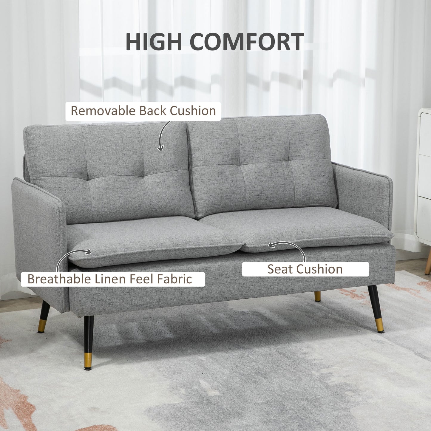 HOMCOM 2 Seater Sofas for Living Room, Fabric Couch, Button Tufted Love Seat with Cushions, Grey