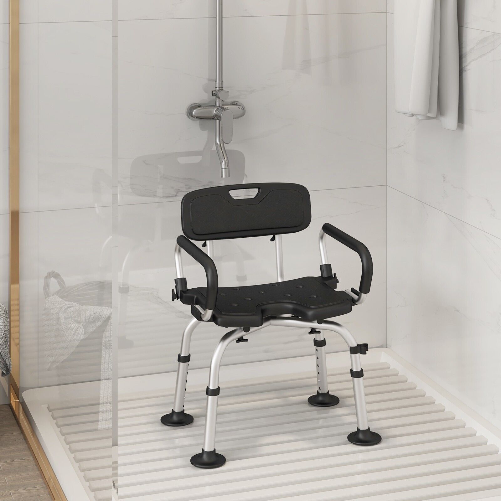 Shower Stool with Removable Arm and Back Rests-Black