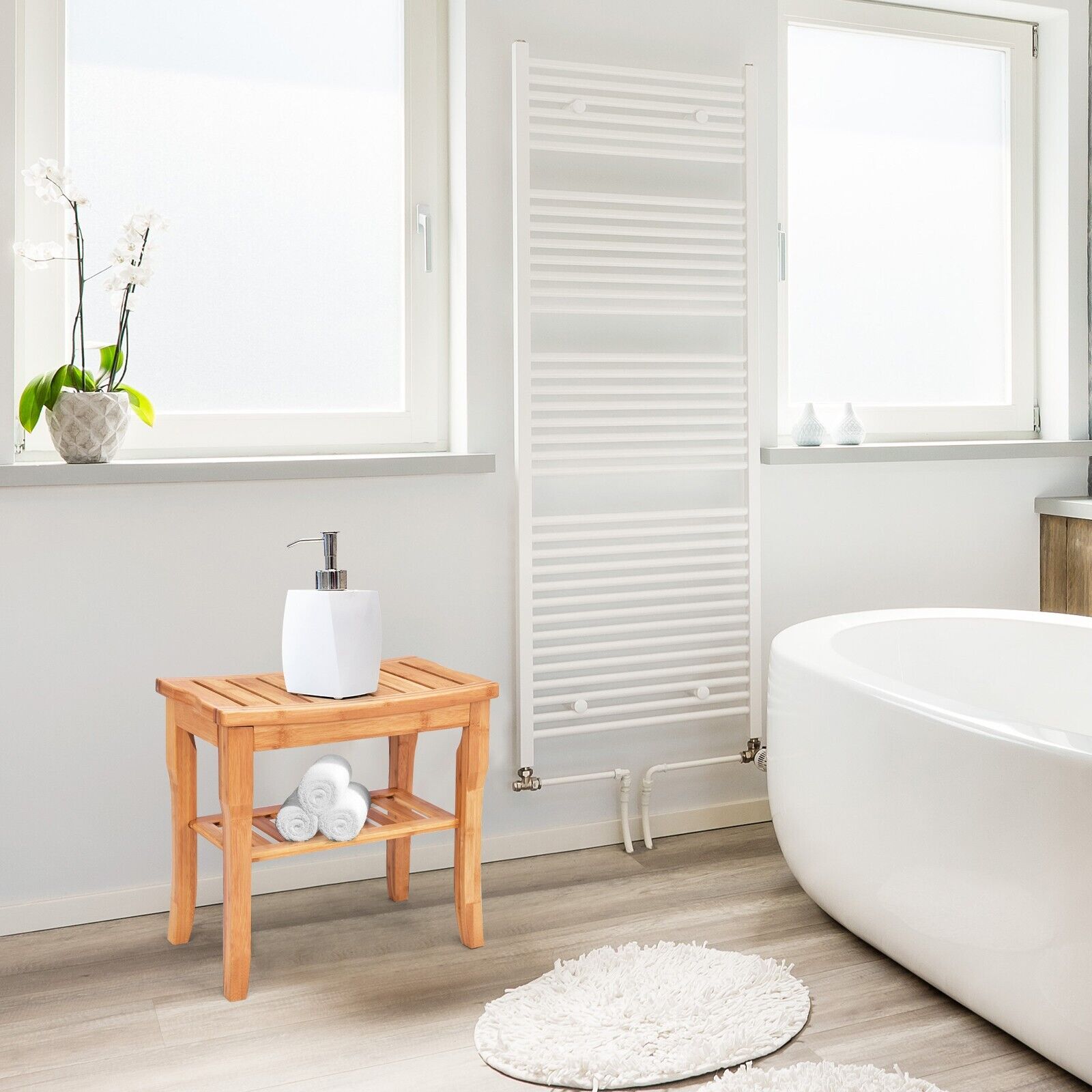 Bamboo Shower Bench with Storage Shelf and Non-Slip Feet