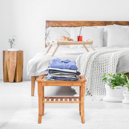 Bamboo Shower Bench with Storage Shelf and Non-Slip Feet