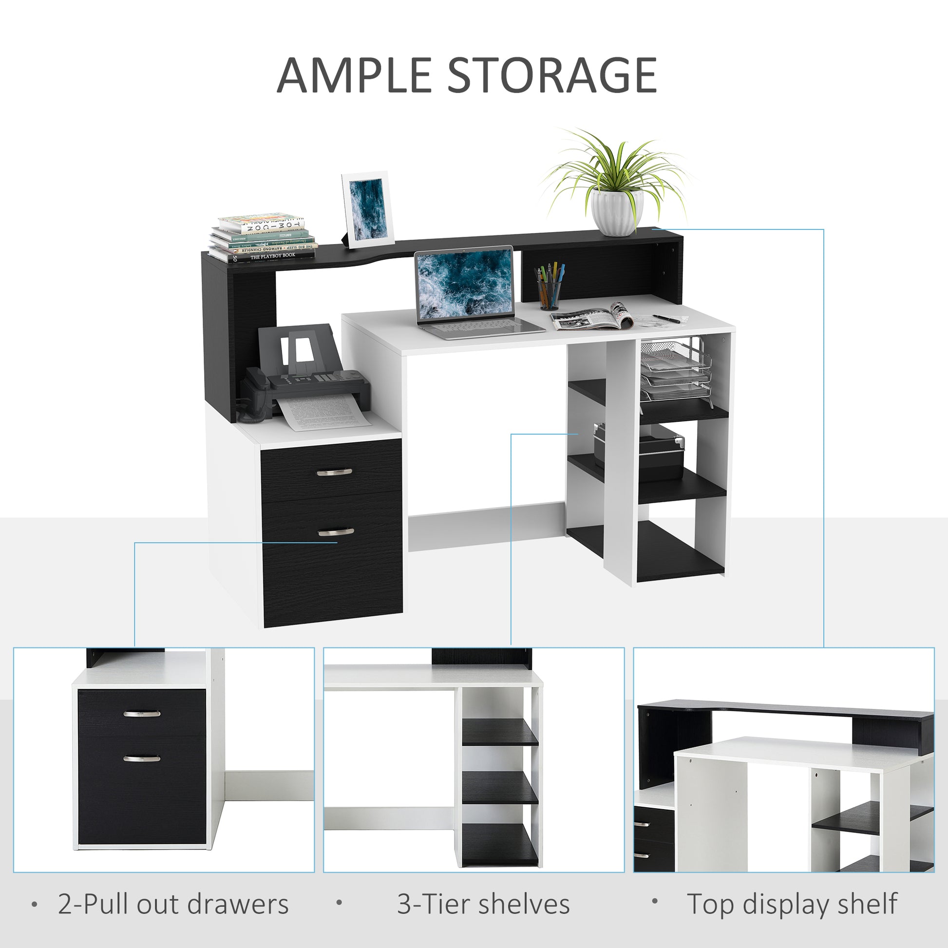 HOMCOM Computer Desk PC Table Modern Home Office Writing Workstation Furniture Printer Shelf Rack w/ Storage Drawer & Shelves (Black and white)