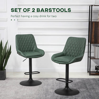 HOMCOM Retro Bar Stools Set of 2, Adjustable Kitchen Stool, Upholstered Bar Chairs with Back, Swivel Seat, Green