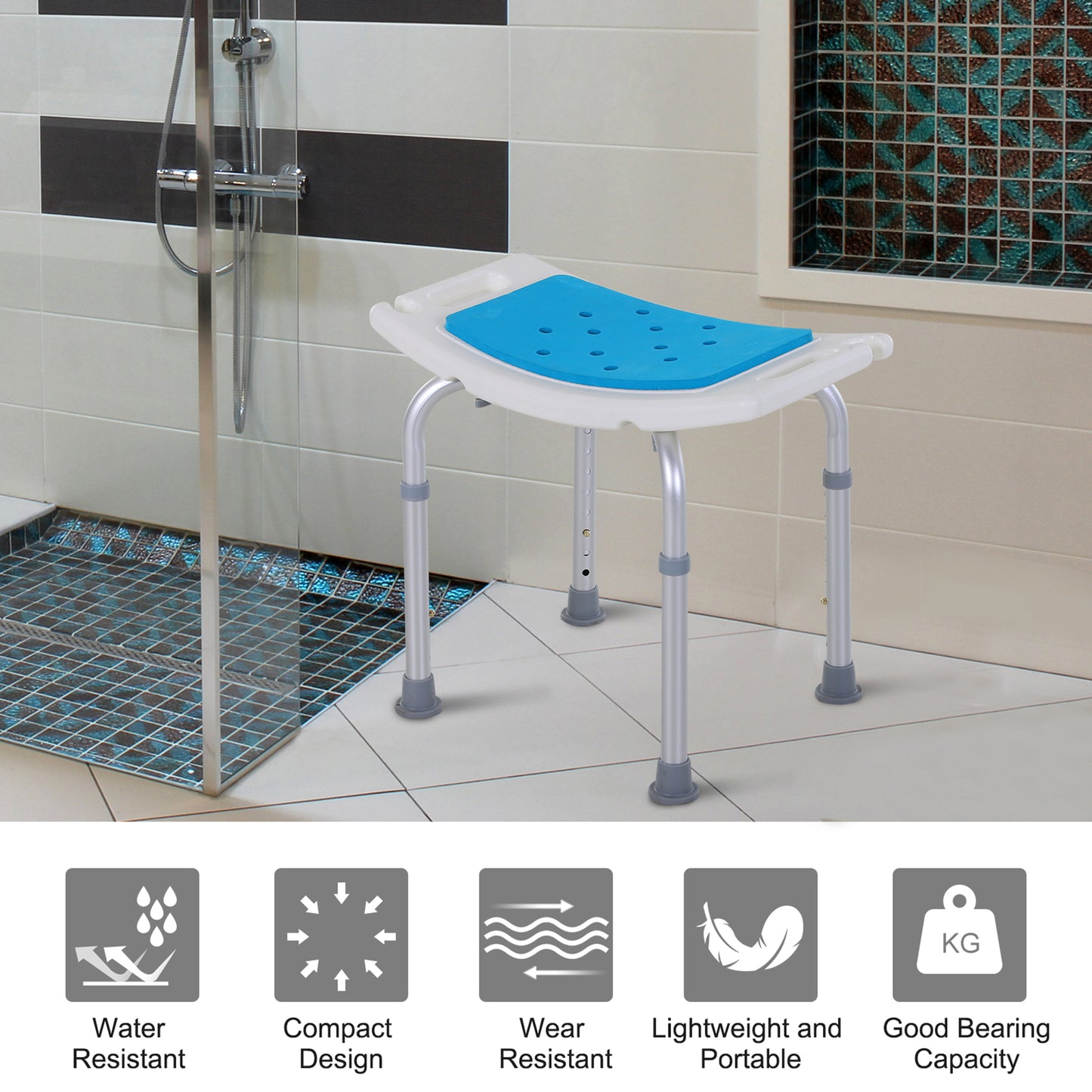 HOMCOM 6-Level Height Adjustable Aluminium Bath Room Stool Chair Shower Non-Slip Design w/ Padded Seat Drainiage Holes Foot Pad - Blue