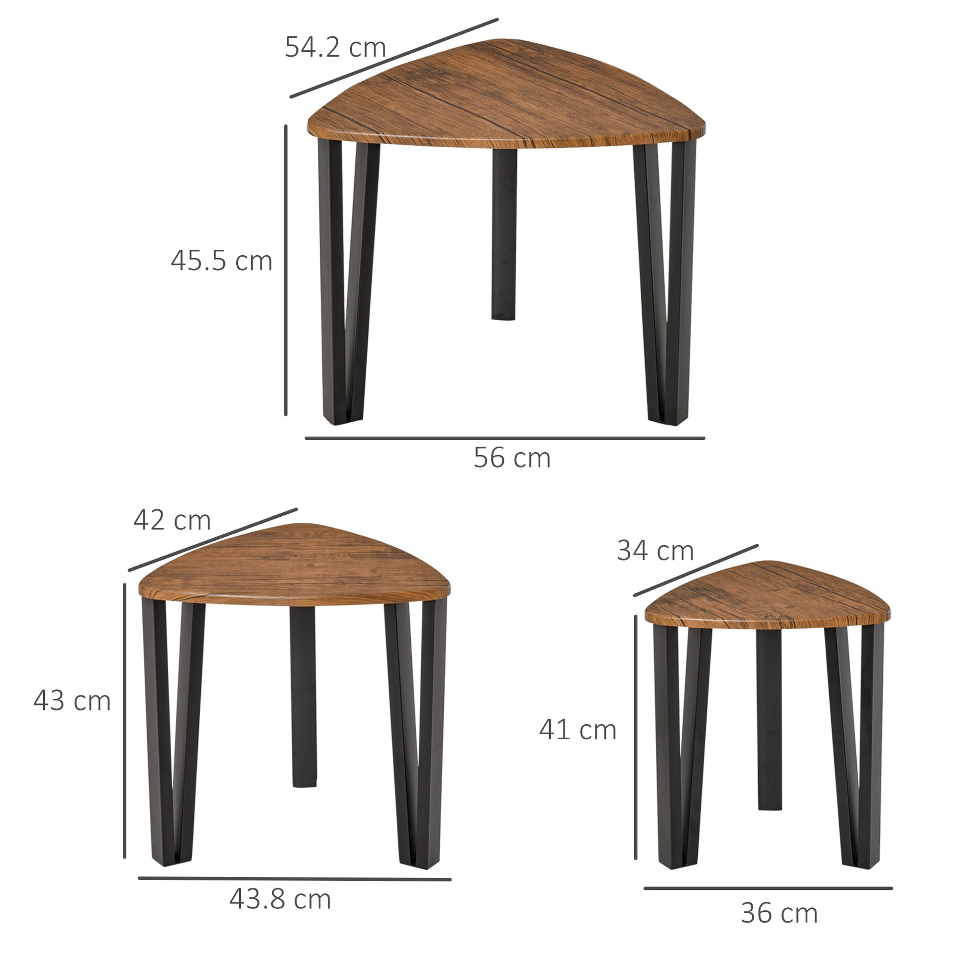 HOMCOM 3 PCs MDF Steel Nesting Table Coffee Table Set Multifunctional End Side Table Living Room Furniture Walnut Wood Grain