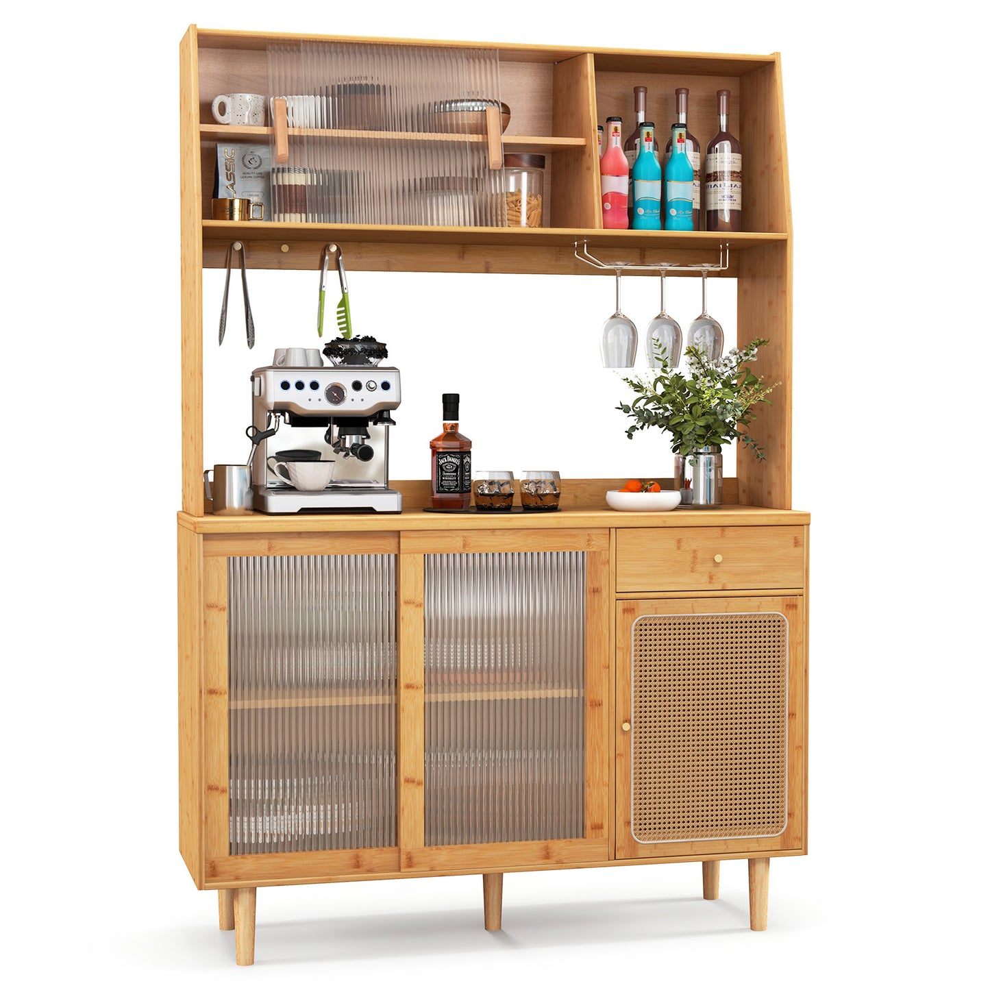 Freestanding Bamboo Buffet Cabinet with Hutch-Natural