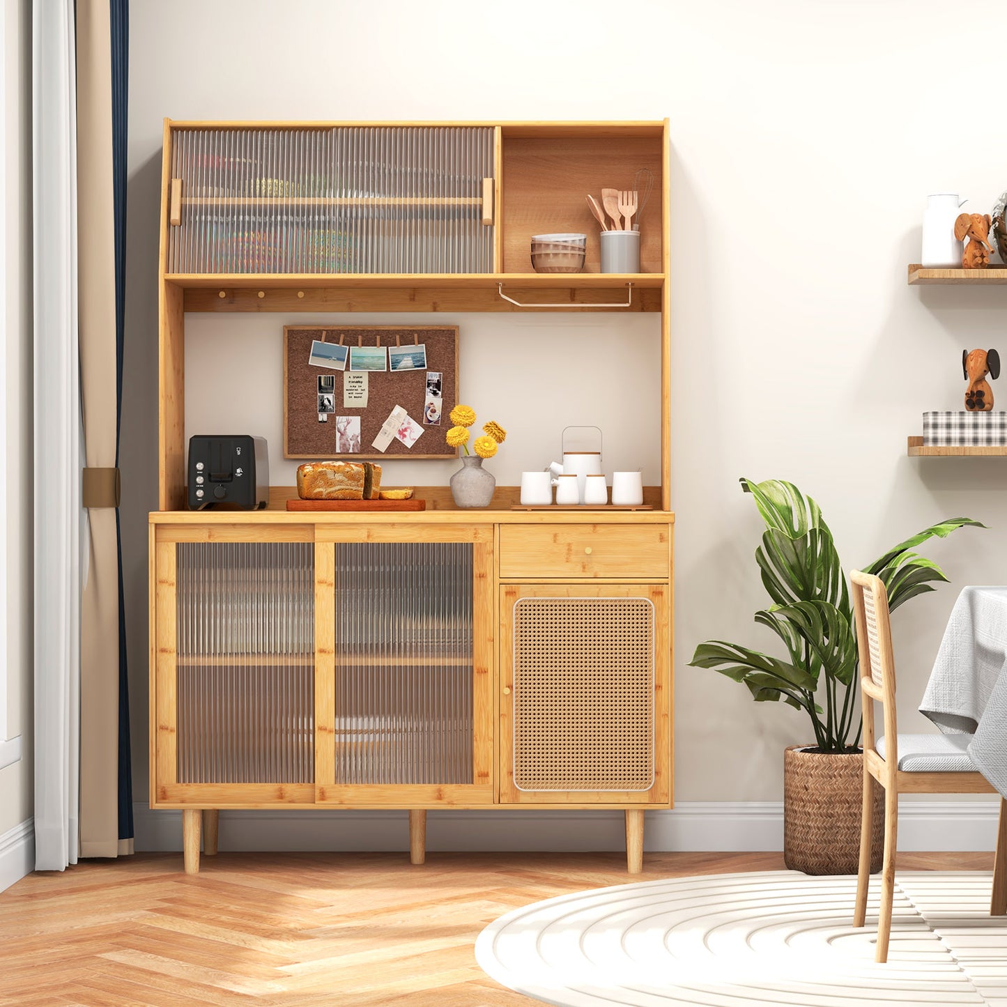 Freestanding Bamboo Buffet Cabinet with Hutch-Natural