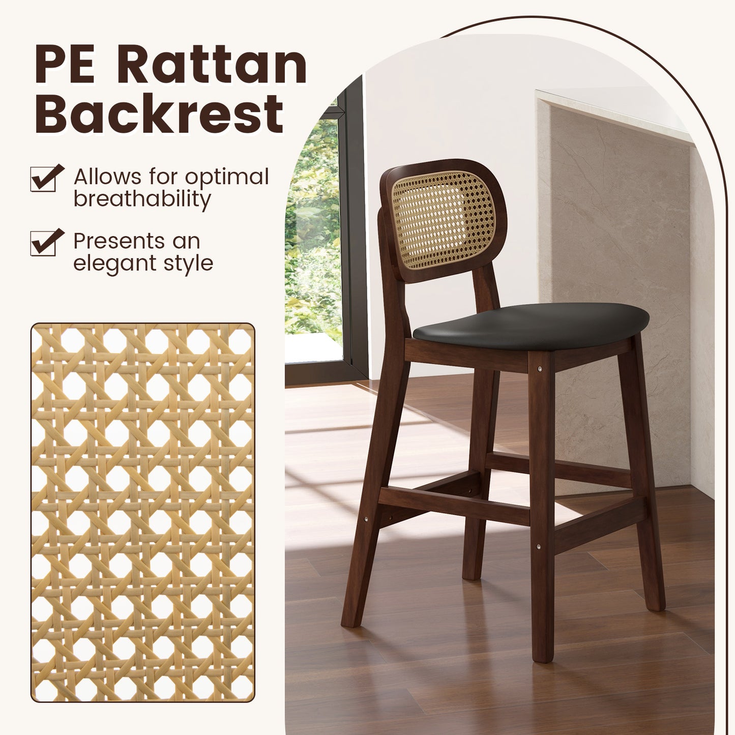 Bar Stool Set of 2 with PE Rattan Backrest, Padded Seat and Footrest