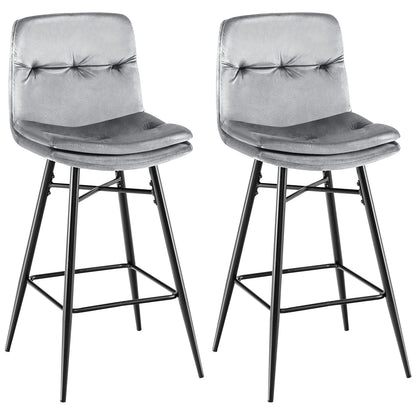 Bar Stools Set of 2 with Tufted Back, Metal Footrests and Legs-Grey