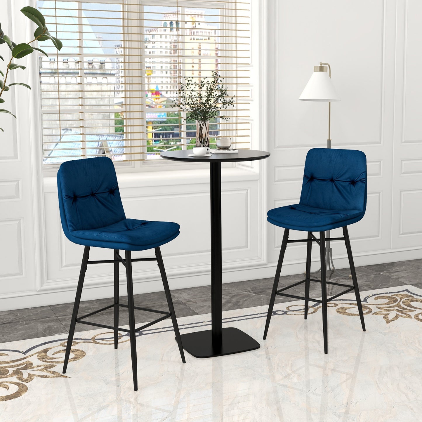 Bar Stools Set of 2 with Tufted Back, Metal Footrests and Legs-Blue