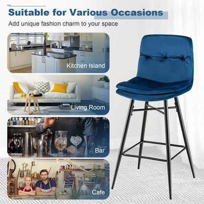 Bar Stools Set of 2 with Tufted Back, Metal Footrests and Legs-Blue