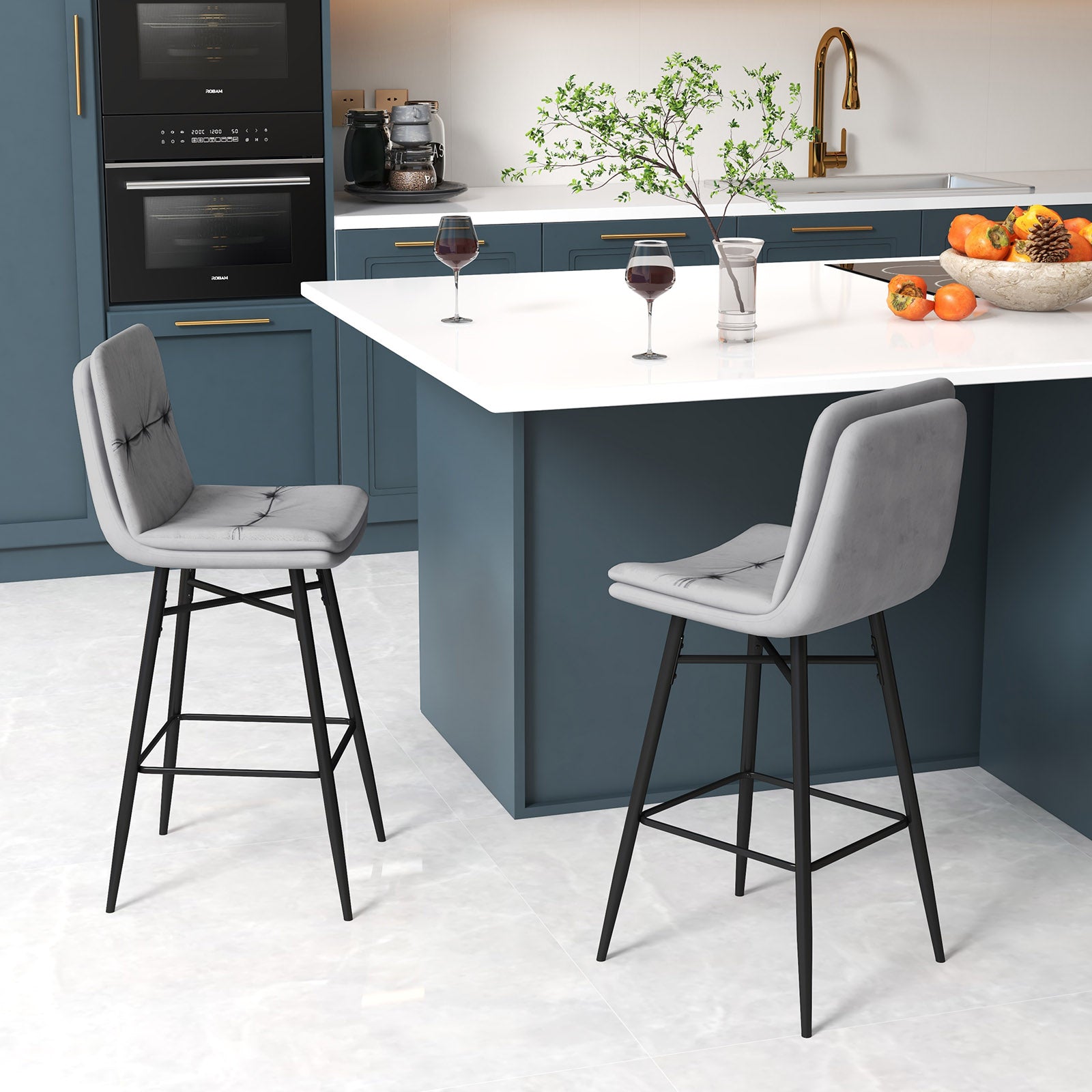 Bar Stools Set of 2 with Tufted Back, Metal Footrests and Legs-Grey