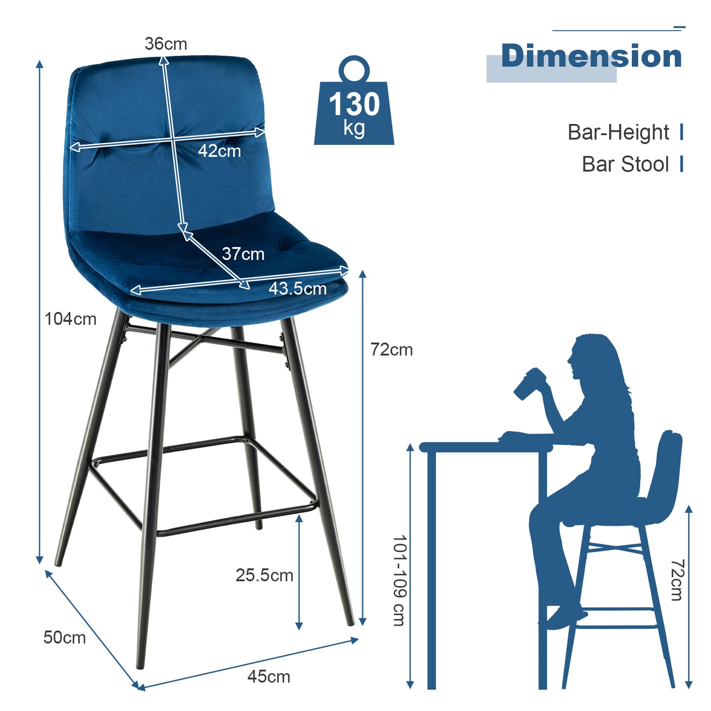 Bar Stools Set of 2 with Tufted Back, Metal Footrests and Legs-Blue