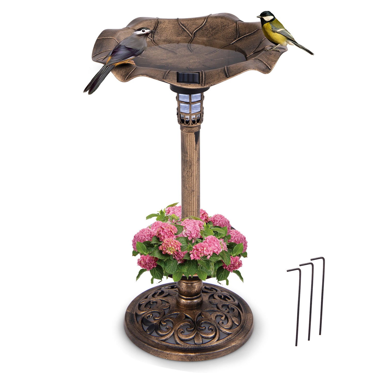 Solar-Powered Bird Bath and Feeder Combo Set for Garden Yard Lawn-Bronze