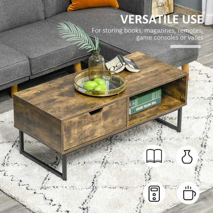 HOMCOM Industrial Coffee table Wooden End Table with Shortage Shelf and Drawer Modern Sofa Table Metal Frame, Rustic Brown 106W x 48D x 43H cm