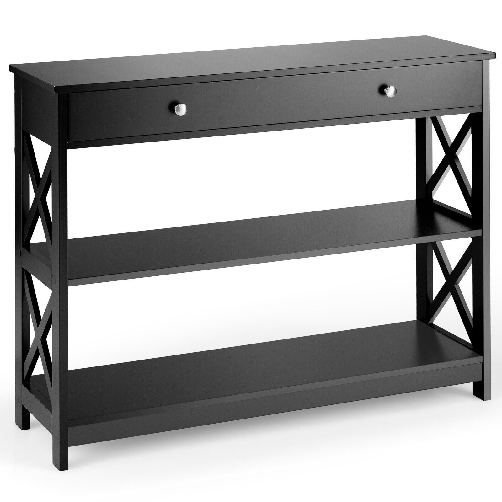 3-Tier Console Table with 1 Drawer and 2 Storage Shelves-Black