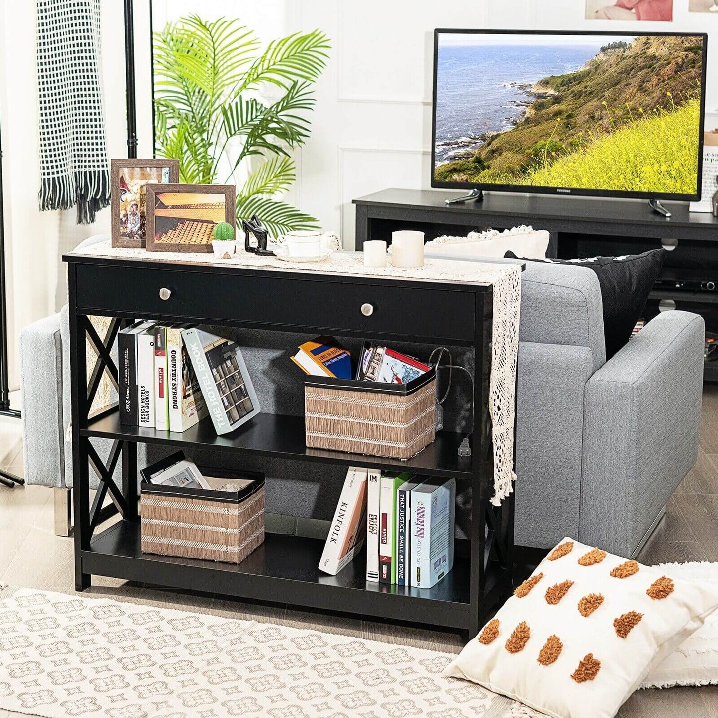 3-Tier Console Table with 1 Drawer and 2 Storage Shelves-Black