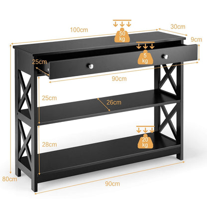 3-Tier Console Table with 1 Drawer and 2 Storage Shelves-Black