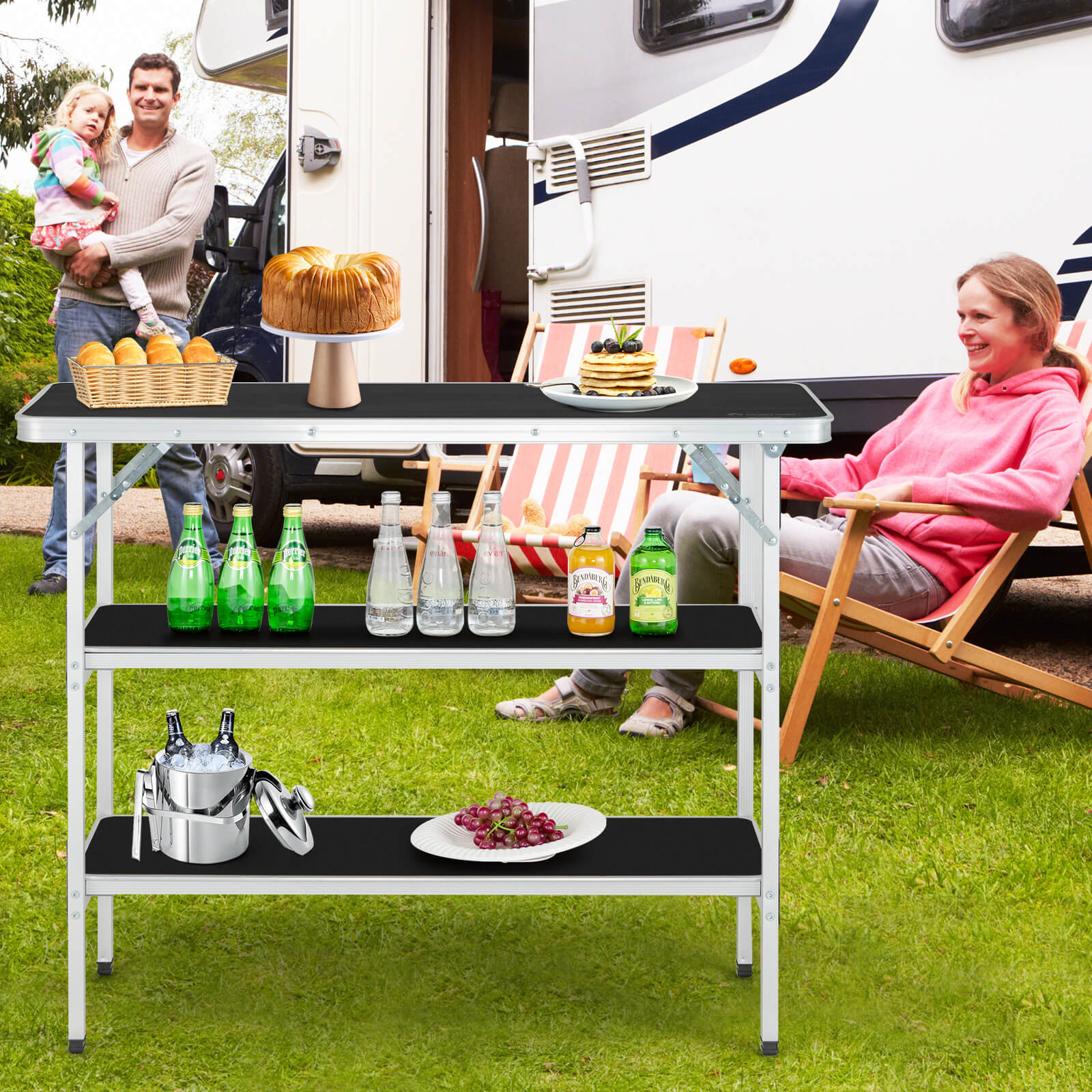 Aluminum Lightweight Folding Picnic Table with 2-Tier Shelves and Carrying Bag-Black