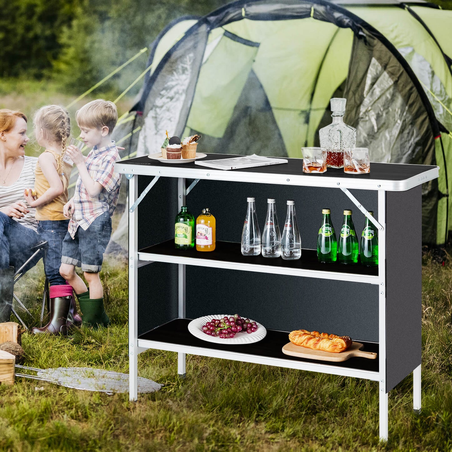 Aluminum Lightweight Folding Picnic Table with 2-Tier Shelves and Carrying Bag-Black