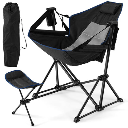 Folding Hammock Chair with Retractable Footrest and Bag-Black