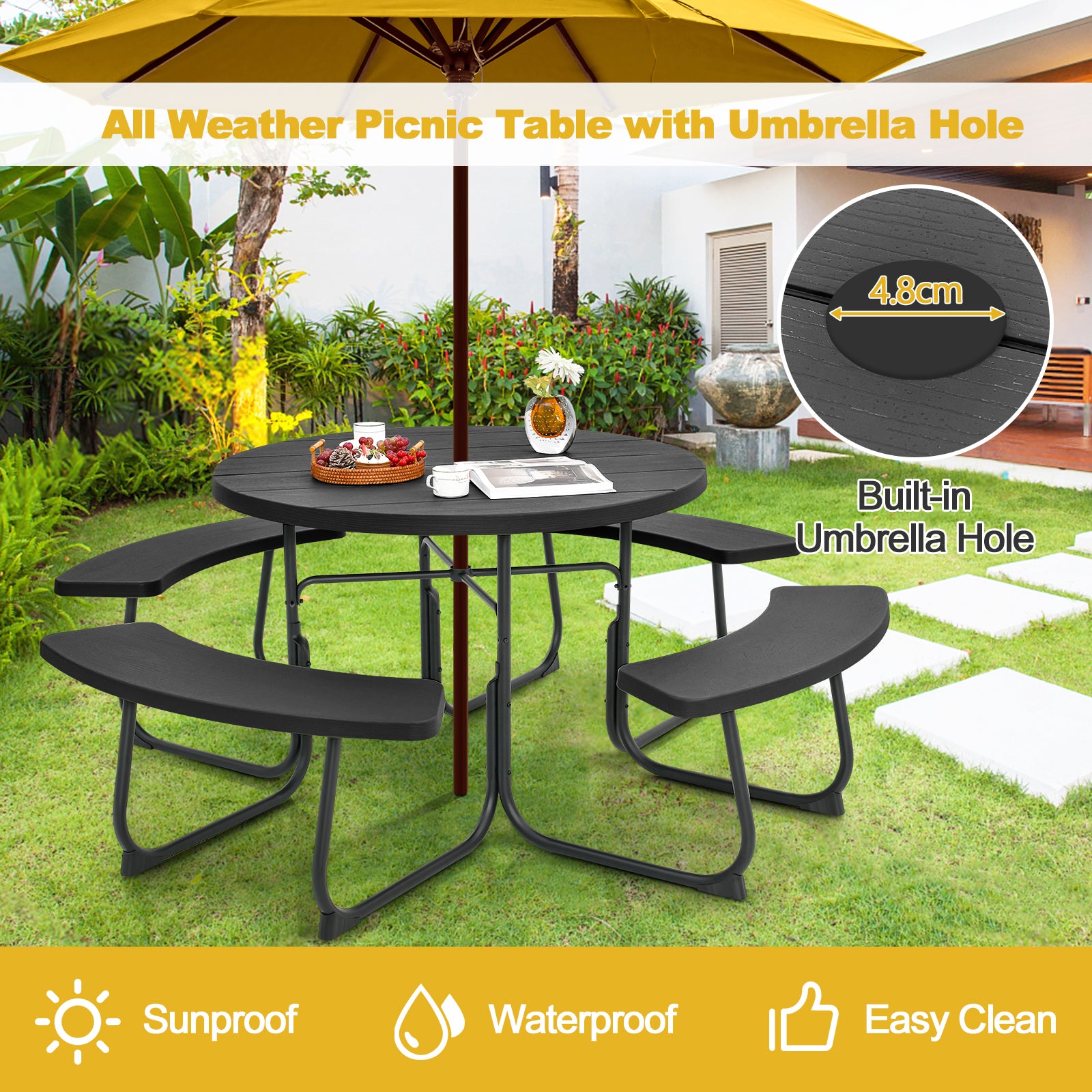 8-person Round Picnic Table Bench Set with 4 Benches and Umbrella Hole-Black