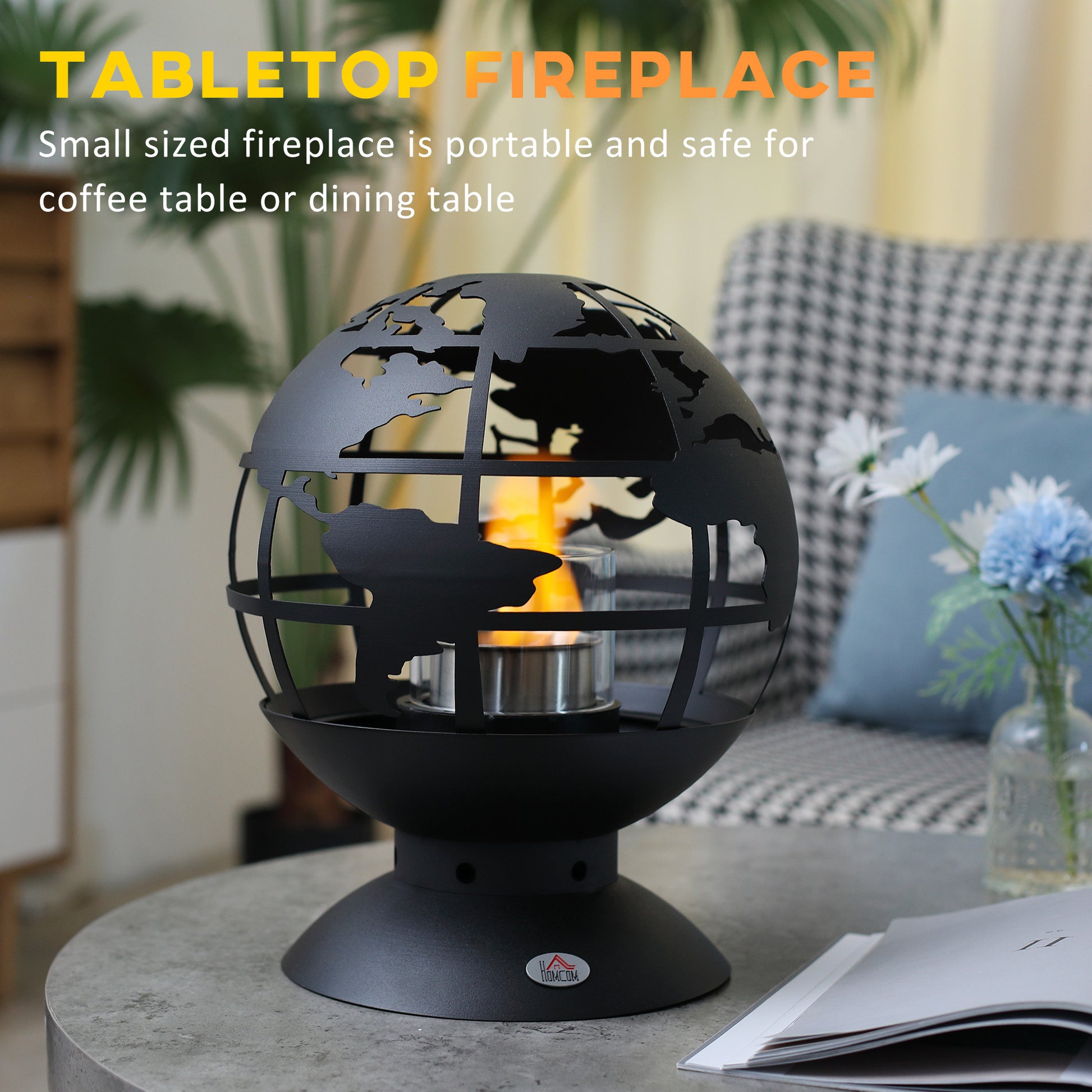 HOMCOM Globe Shape Tabletop Fireplace, Portable Metal Bioethanol Fireplace with Lid and 0.4L Tank, 1.5 Hour Burning Time for Liquid Alcohol, Black