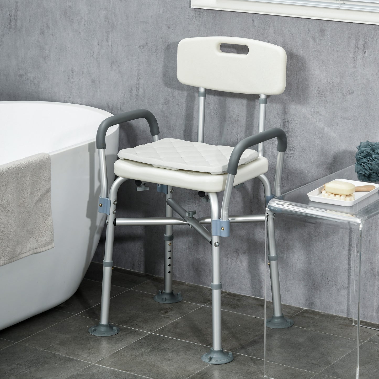 HOMCOM Aluminium Shower Chair w/ Backs & Arms, Height Adjustable Shower Seat w/ Removable Padded Cushion, Bath Stool for Seniors, Disabled, Pregnant