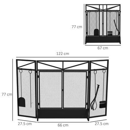 HOMCOM 3 Panel Folding Fire Guard Screen w/ Fireplace Tool Sets, Front Doors, Freestanding Fire Screen Spark Guard w/ Feet, Black