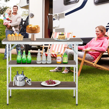 Aluminum Lightweight Folding Picnic Table with 2-Tier Shelves and Carrying Bag-Coffee