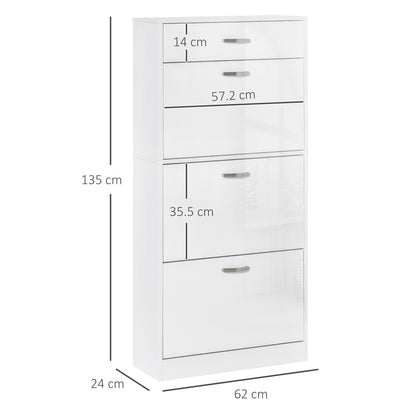 HOMCOM Shoe Cabinet with 4 Drawers Storage High Gloss Cupboard with Flip Doors Pull Down Furniture Unit with Adjustable Shelves for 18 Pairs White