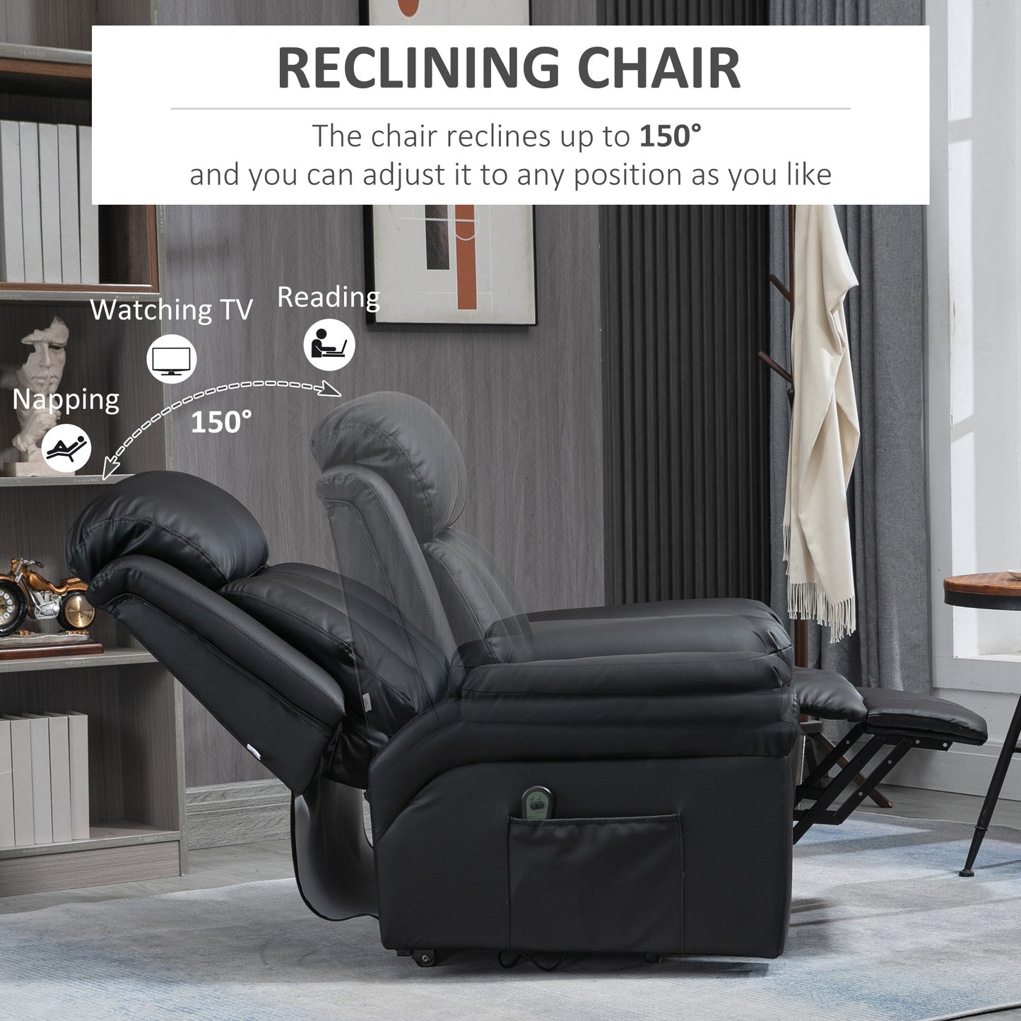 HOMCOM Lift Stand Assistance Chair Recliner Sofa PU Leather  Extra Padded Design Electric Power w/ Remote Black