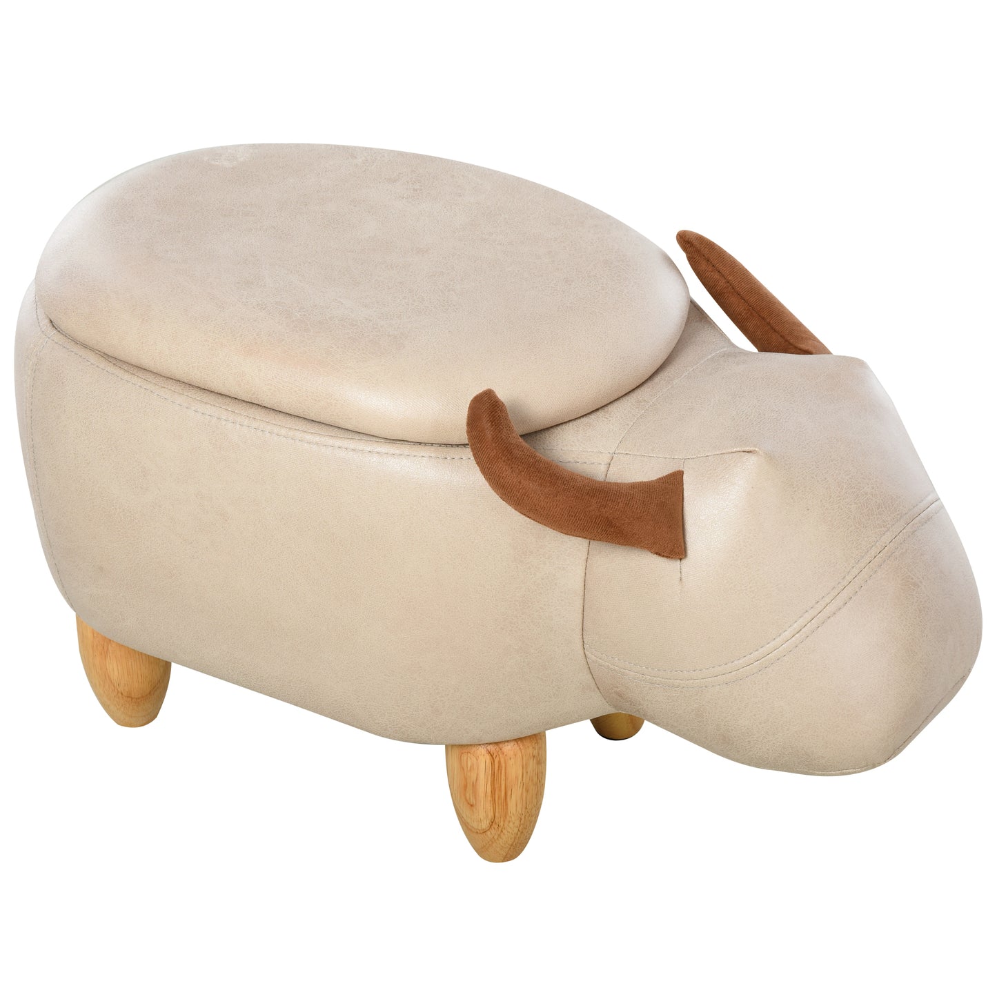 HOMCOM Animal footstool Buffalo Storage Stool Cute Kids Decoration Wood Frame Legs w/Padding Lid Ottoman Furniture Ivory