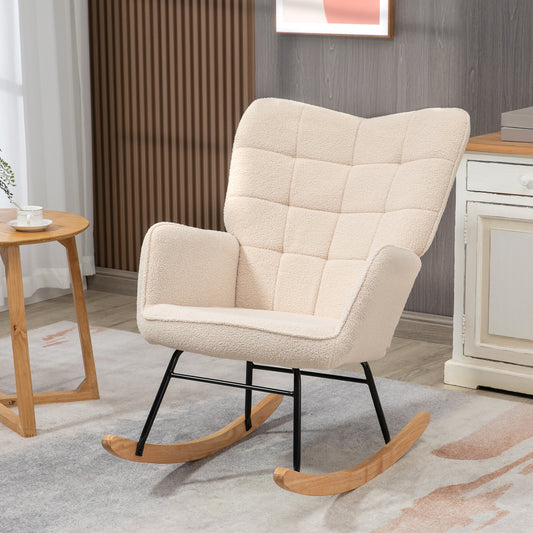 HOMCOM Wingback Rocking Chair for Nursing, Berber Fleece Nursery Glider Rocker, Modern Armchair for Living Room, Beige