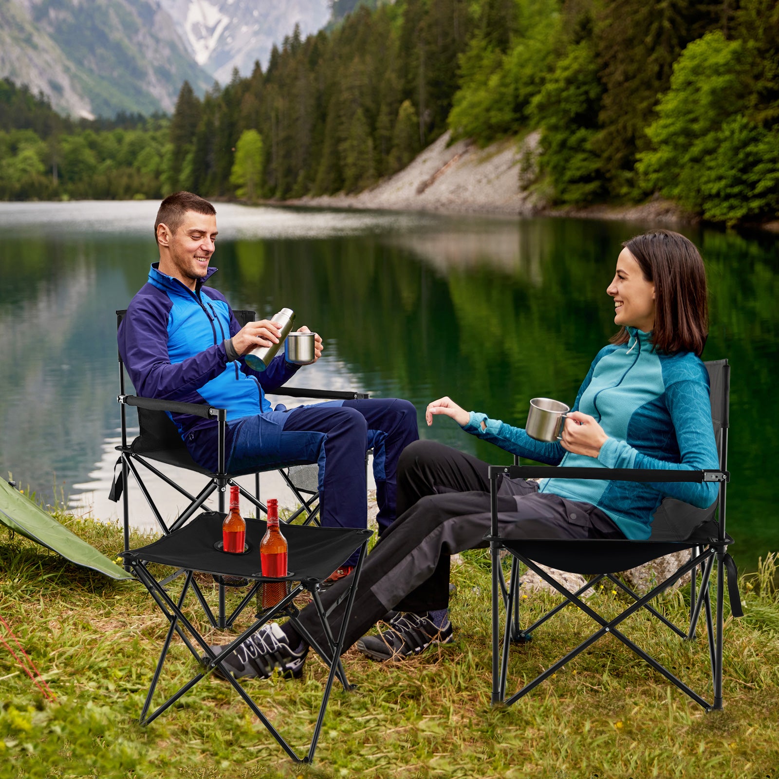 Outdoor Folding Camping Chairs and Table Set-Black