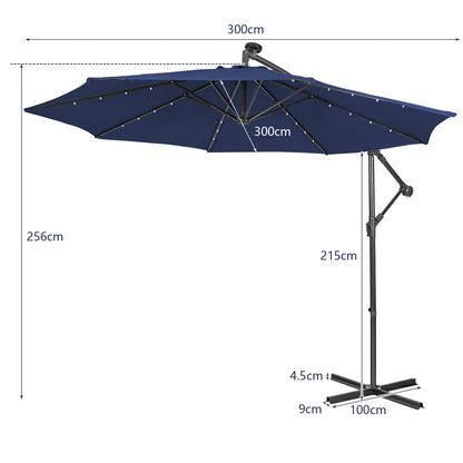 10 ft Cantilever Umbrella with 32 Solar-Powered LED Lights for Backyard Poolside Market-Navy