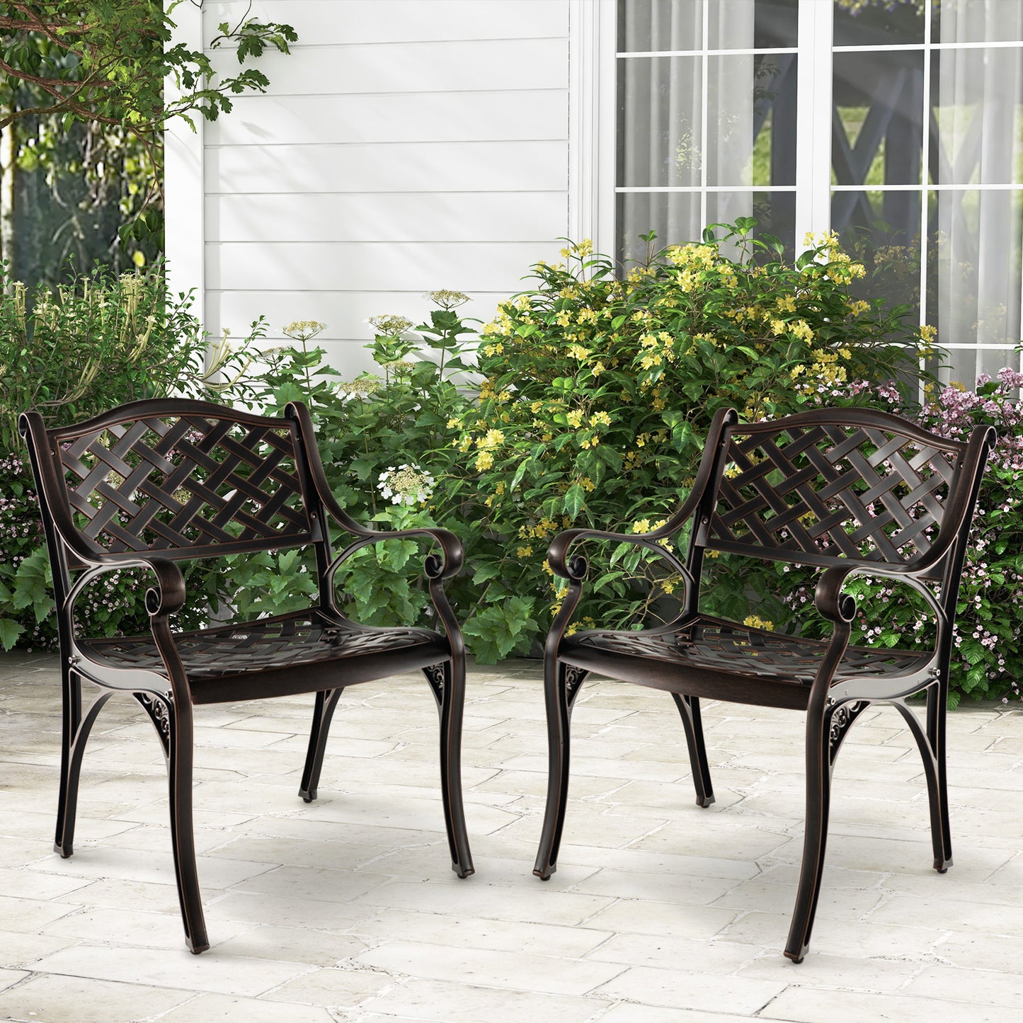 Cast Aluminum Patio Chairs Set of 2 with Armrests and Curved Seats-A