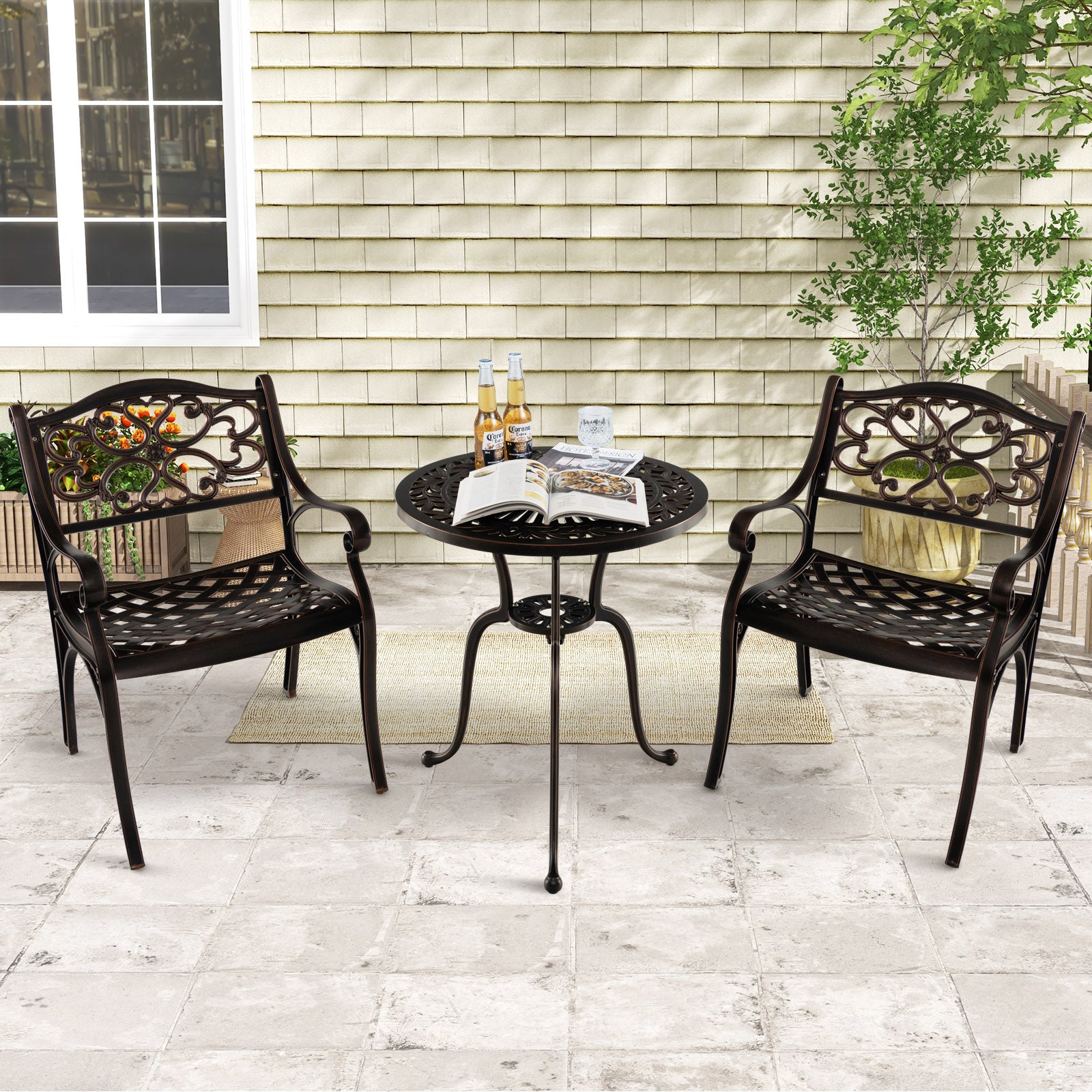 Cast Aluminum Patio Chairs Set of 2 with Armrests and Curved Seats-A