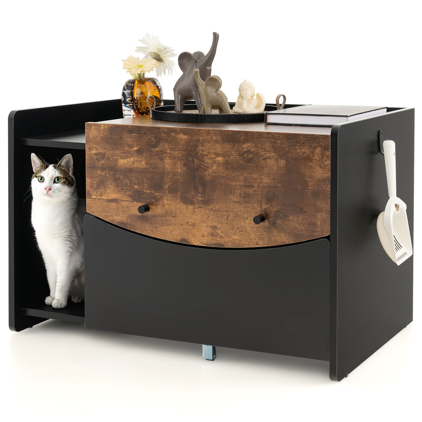 Cat Litter Box Enclosure with Pull-out Drawer, Rolling Caster and Flip Door-Black &amp; Brown