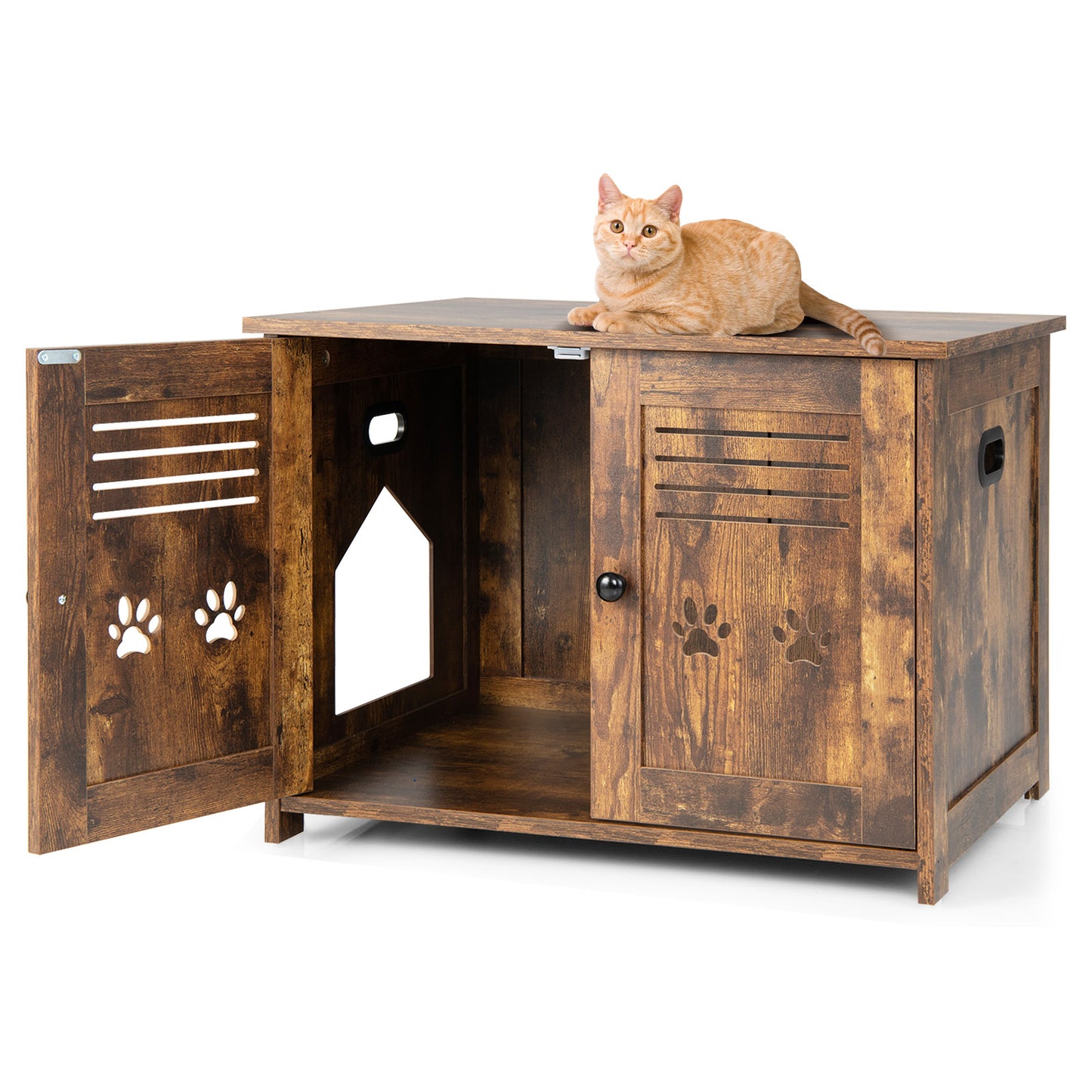 Cat Litter Box Enclosure with Double Louvered Doors, Side Entrance-Rustic Brown