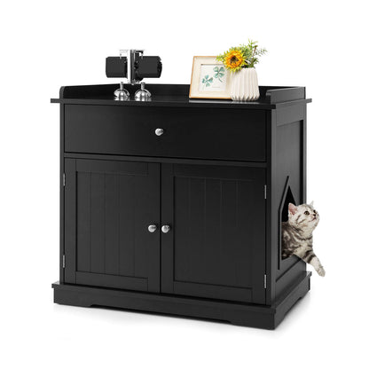 Large Wooden Cat Litter Box Hidden Washroom Toilet with Drawer-Black